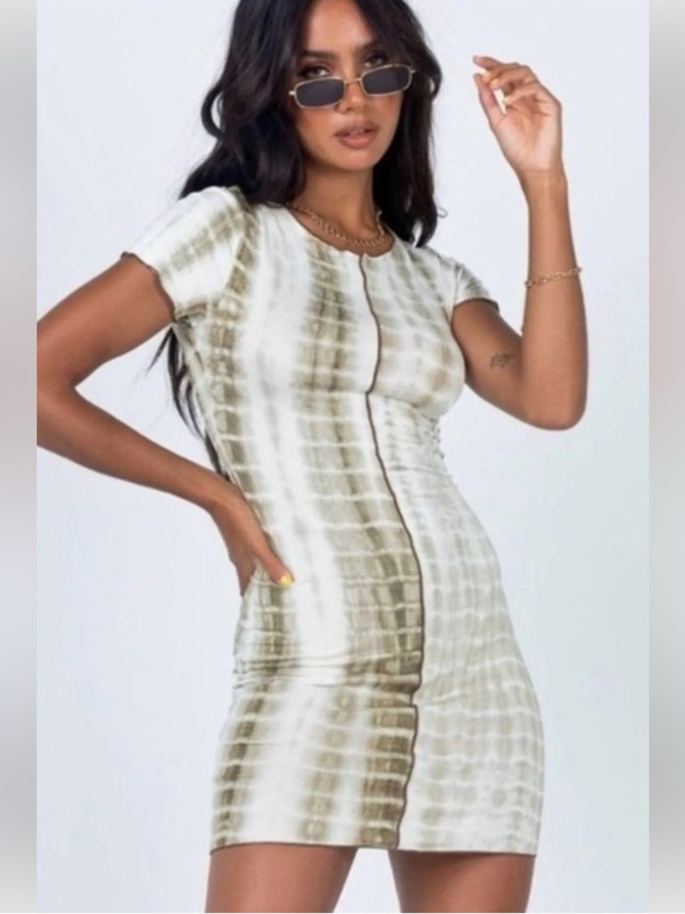 Princess Polly Olive & White Tie-Dye Short Sleeve Bodycon Dress